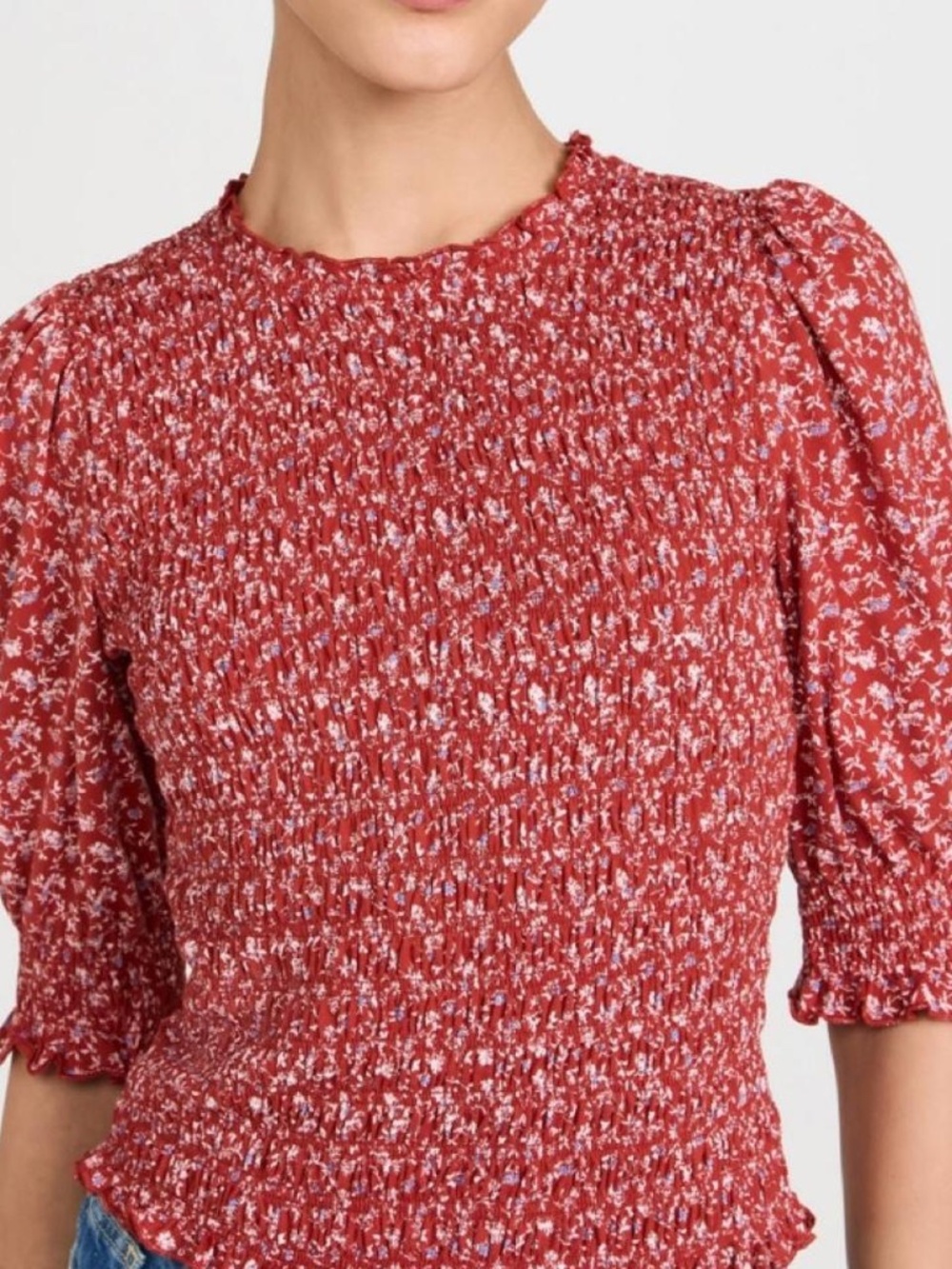 Veronica Beard Red Smocked Long-Sleeve Floral Top
